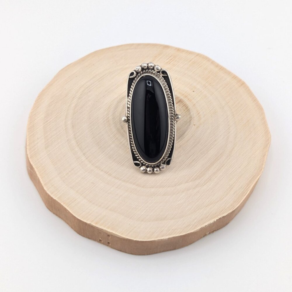 Handmade Navajo Jet Black Ring Large Oval Shape Sterling Silver Jewelry Sz 10 ** - Picture 3 of 10